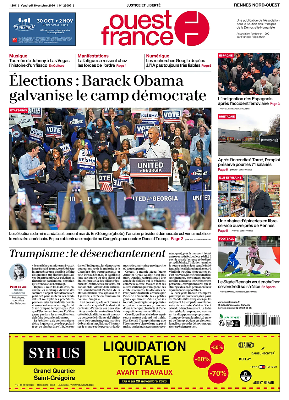 Une de Ouest-France (Rennes Nord-Ouest) du jour - Presse 30 octobre 2026