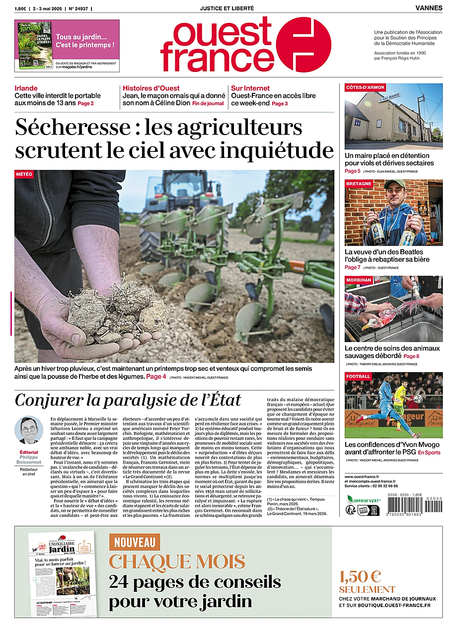 Une de Ouest-France (Vannes) du jour - Presse 2 mai 2026