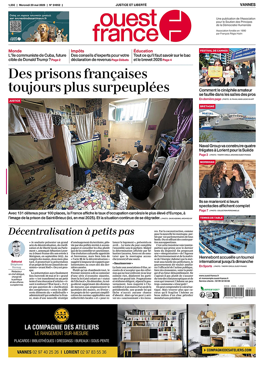 Une de Ouest-France (Vannes) du jour - Presse 20 mai 2026