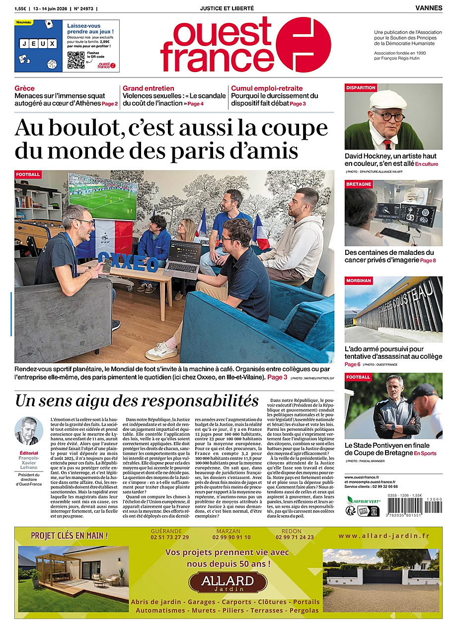 Une de Ouest-France (Vannes) du jour - Presse 13 juin 2026