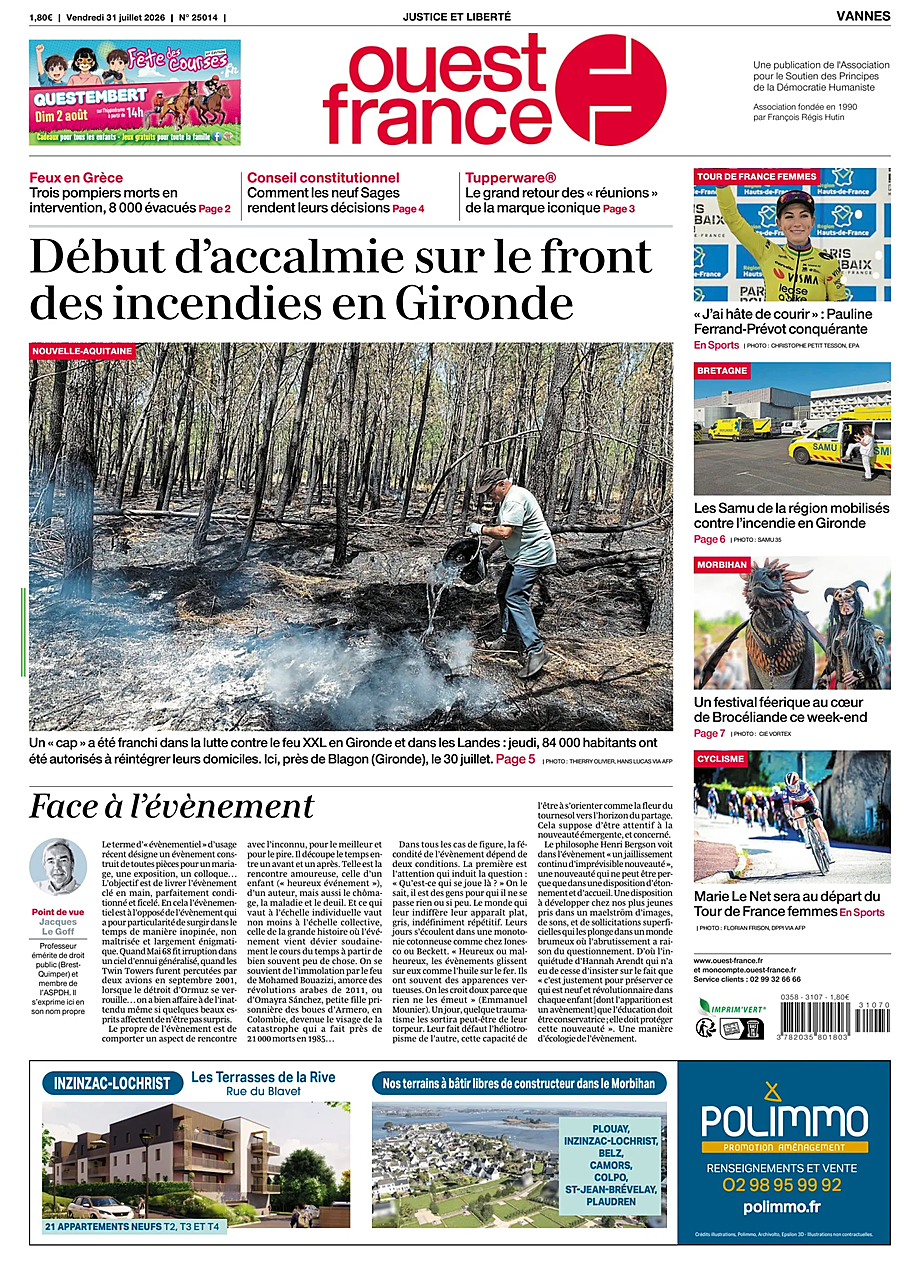 Une de Ouest-France (Vannes) du jour - Presse 31 juillet 2026