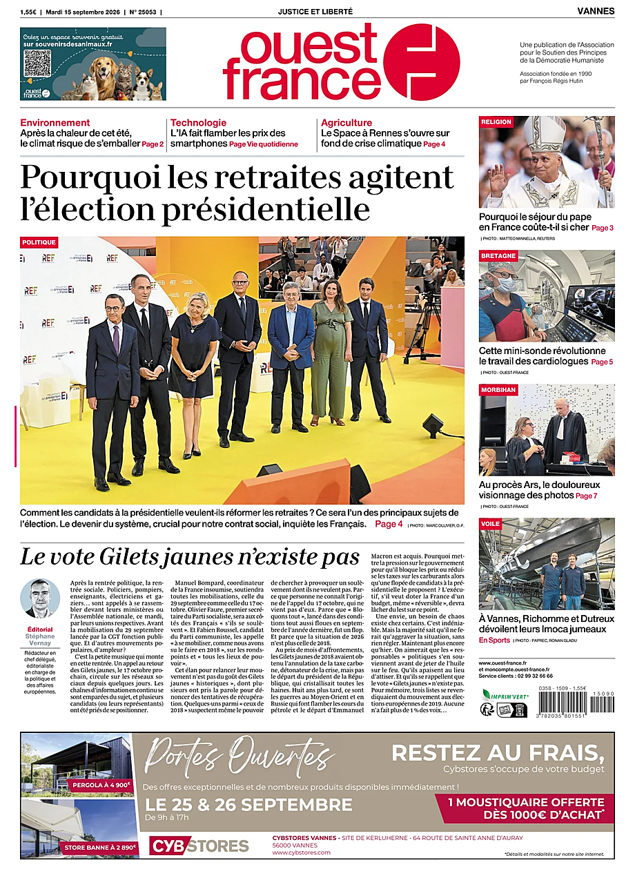 Une de Ouest-France (Vannes) du jour - Presse 15 septembre 2026