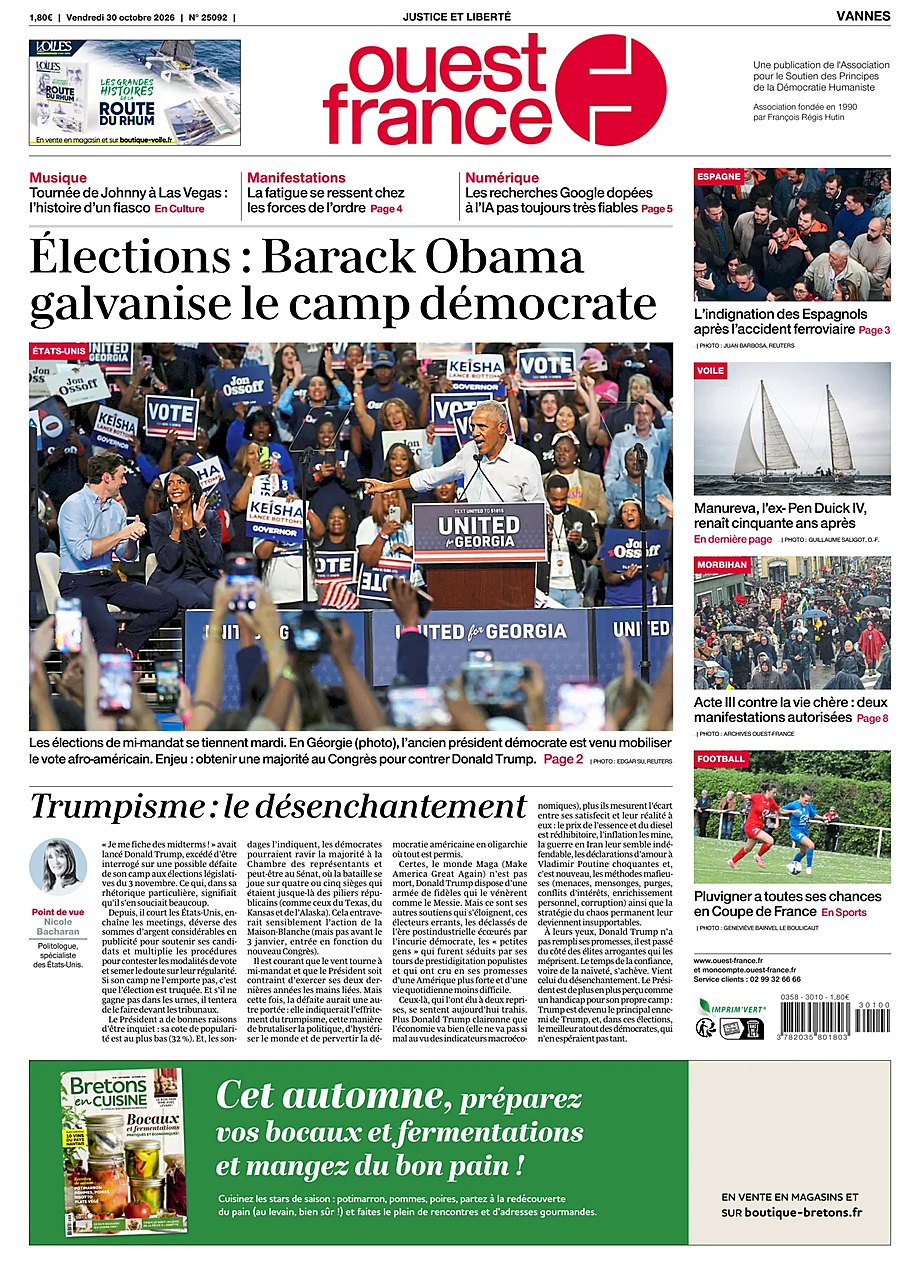 Une de Ouest-France (Vannes) du jour - Presse 30 octobre 2026