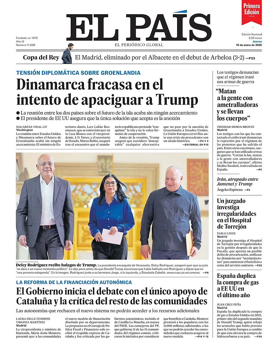 Prima pagina EL PAIS primera edicion di oggi - Edicola 15 Gennaio 2026