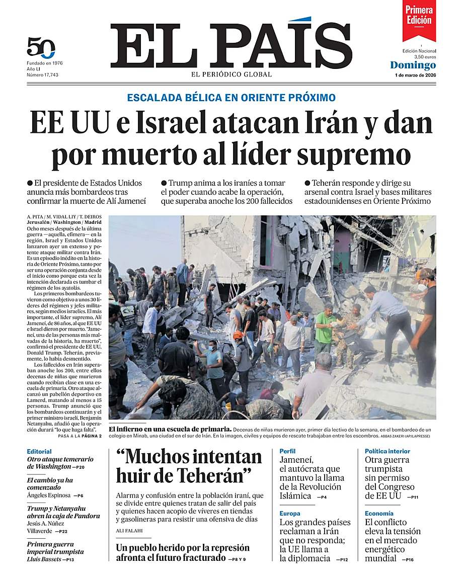 Prima pagina EL PAIS primera edicion di oggi - Edicola 1 Marzo 2026
