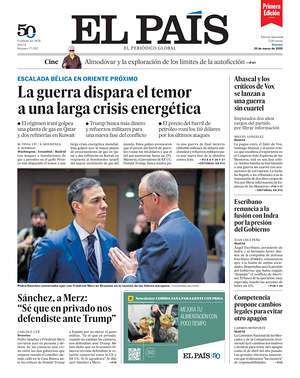 Prima pagina EL PAIS primera edicion di oggi - Quotidiano estero