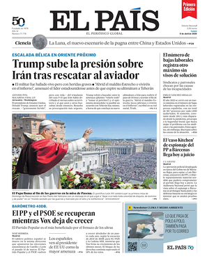 Prima pagina EL PAIS primera edicion di oggi - Quotidiano estero