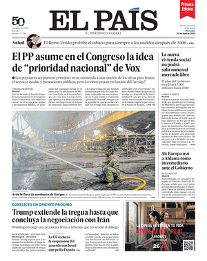 Prima pagina EL PAIS primera edicion di oggi - Quotidiano estero
