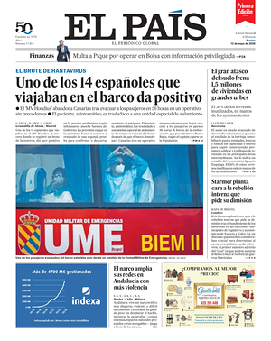Prima pagina EL PAIS primera edicion di oggi - Quotidiano estero