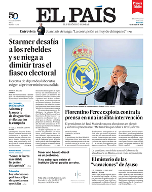 Prima pagina EL PAIS primera edicion di oggi - Quotidiano estero