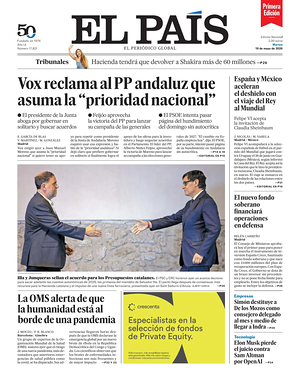 Prima pagina EL PAIS primera edicion di oggi - Quotidiano estero
