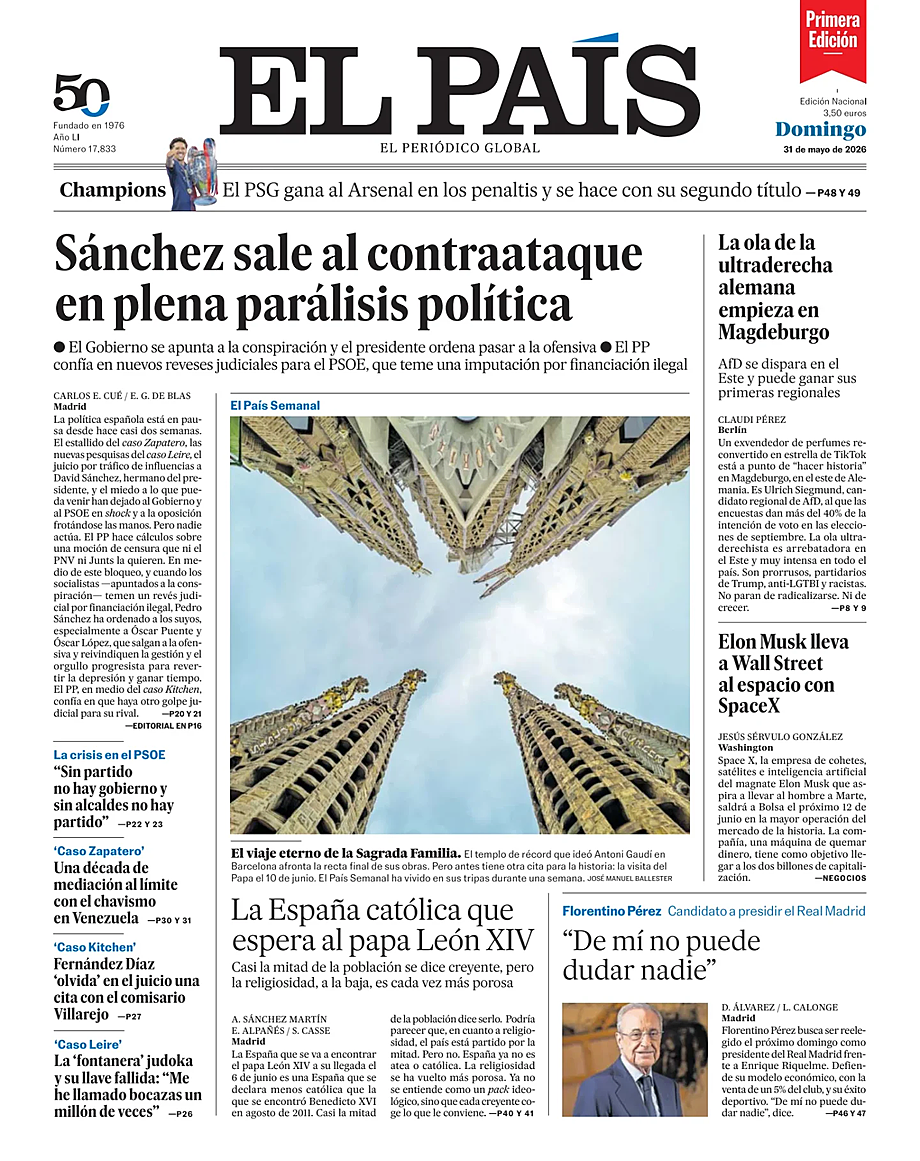 Prima pagina EL PAIS primera edicion di oggi - Edicola 31 Maggio 2026