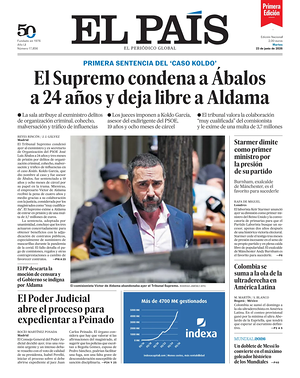 Prima pagina EL PAIS primera edicion di oggi - Quotidiano estero