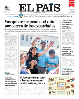 Prima pagina EL PAIS primera edicion di oggi - Quotidiano estero