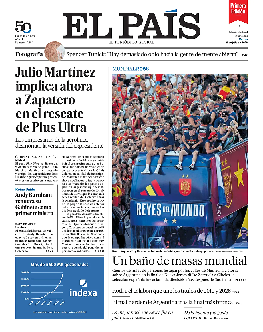 Prima pagina EL PAIS primera edicion di oggi - Edicola 21 Luglio 2026