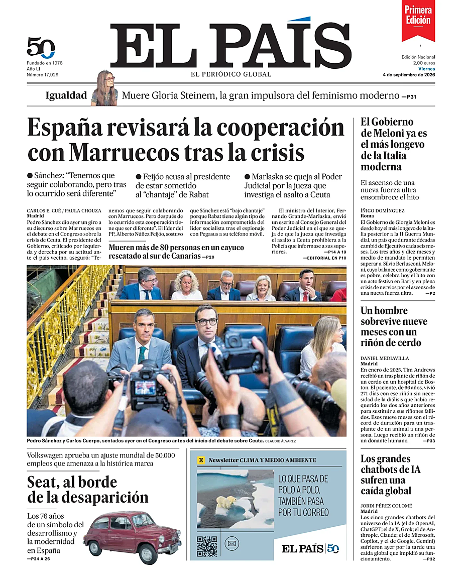 Prima pagina EL PAIS primera edicion di oggi - Edicola 4 Settembre 2026