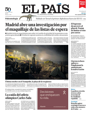 Prima pagina EL PAIS primera edicion di oggi - Quotidiano estero
