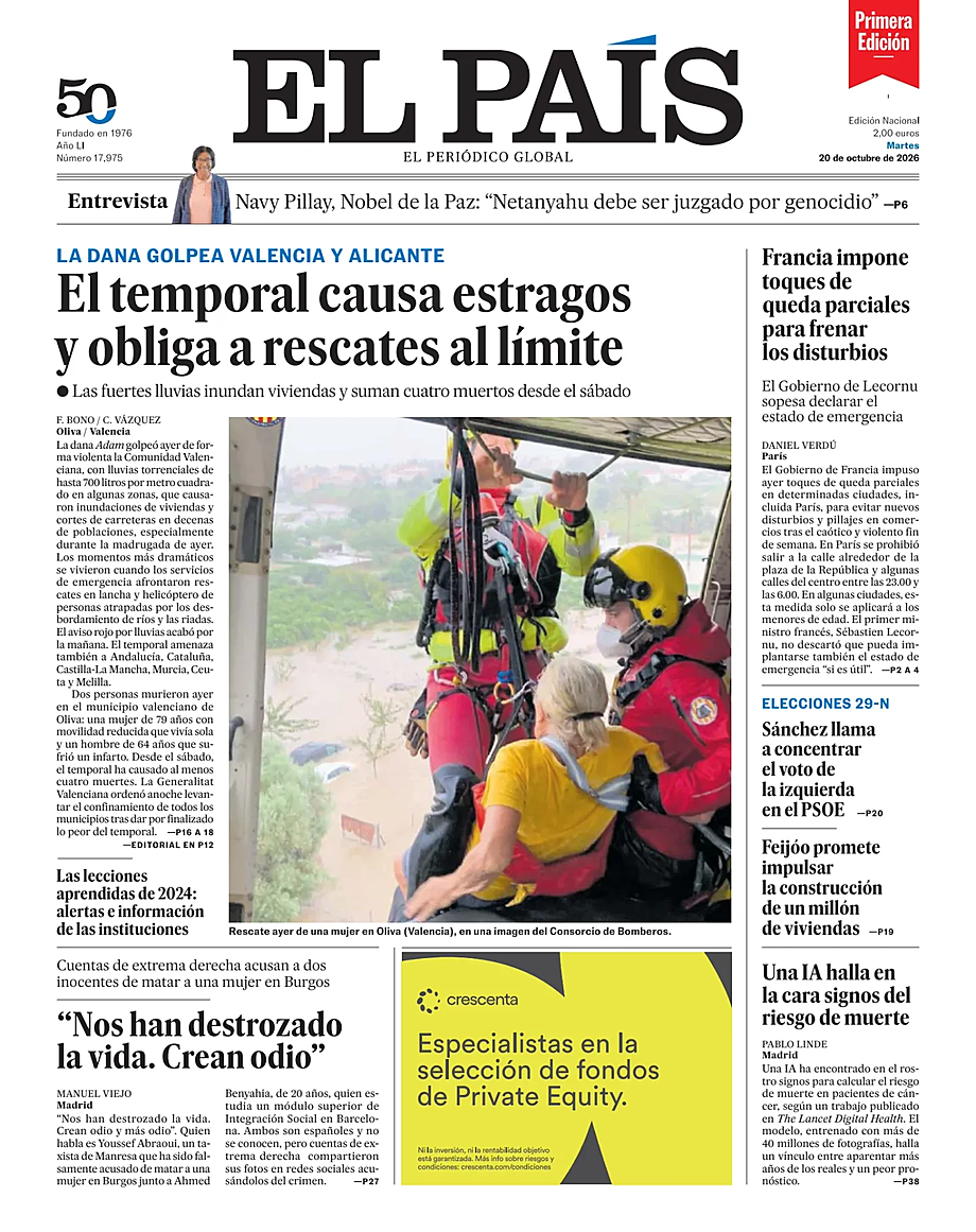 Prima pagina EL PAIS primera edicion di oggi - Edicola 20 Ottobre 2026