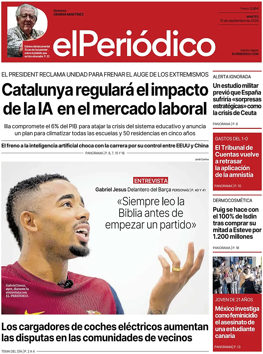 Portada El Periódico de Catalunya de hoy - Quiosco 15 septiembre 2026