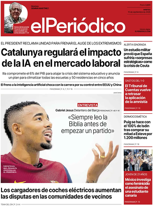 Prima pagina El Periódico de Catalunya di oggi - Quotidiano nacional
