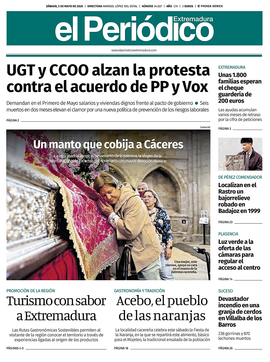 Portada El Periódico Extremadura de hoy - Quiosco 2 mayo 2026