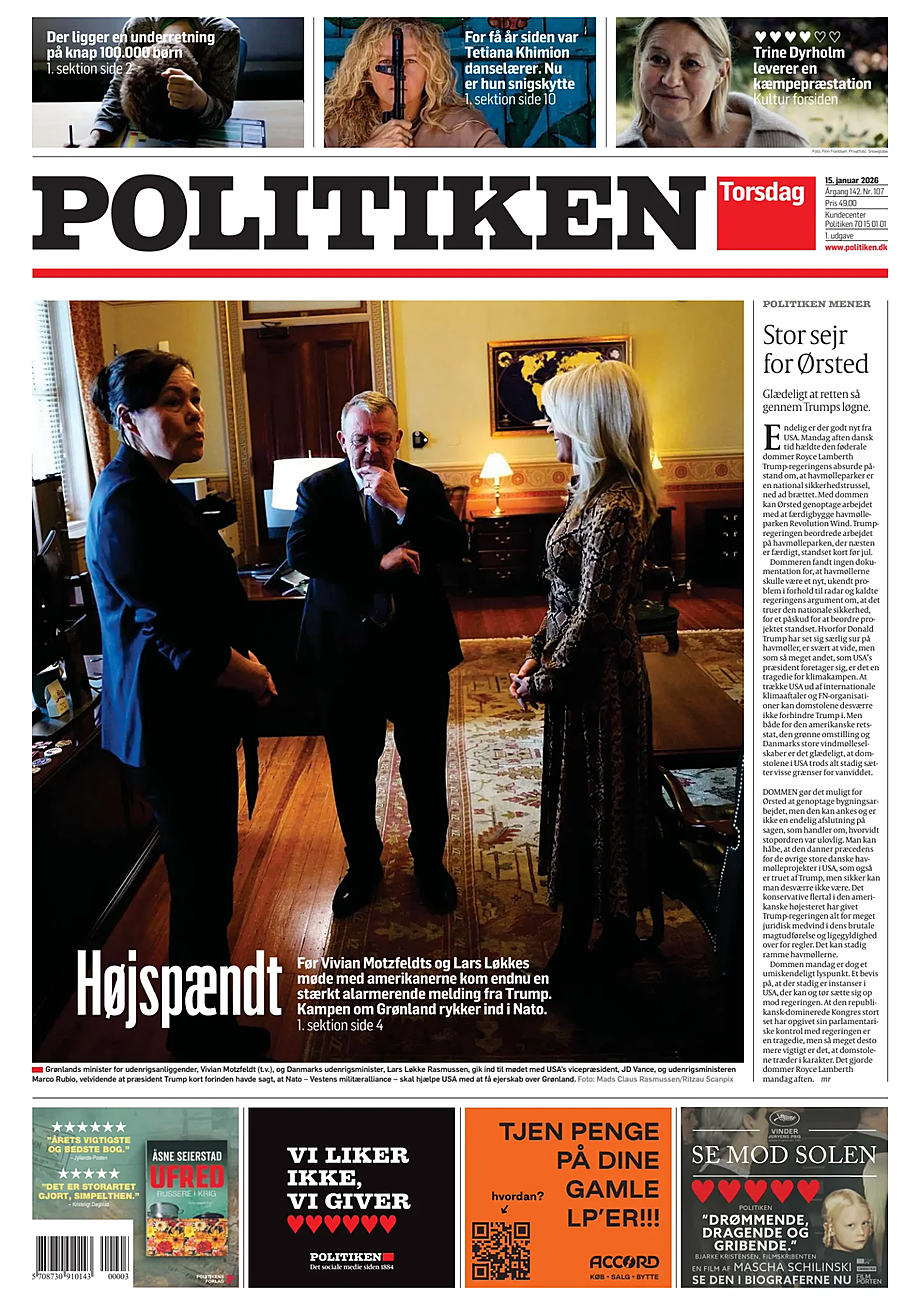 Prima pagina Politiken di oggi - Edicola 15 Gennaio 2026