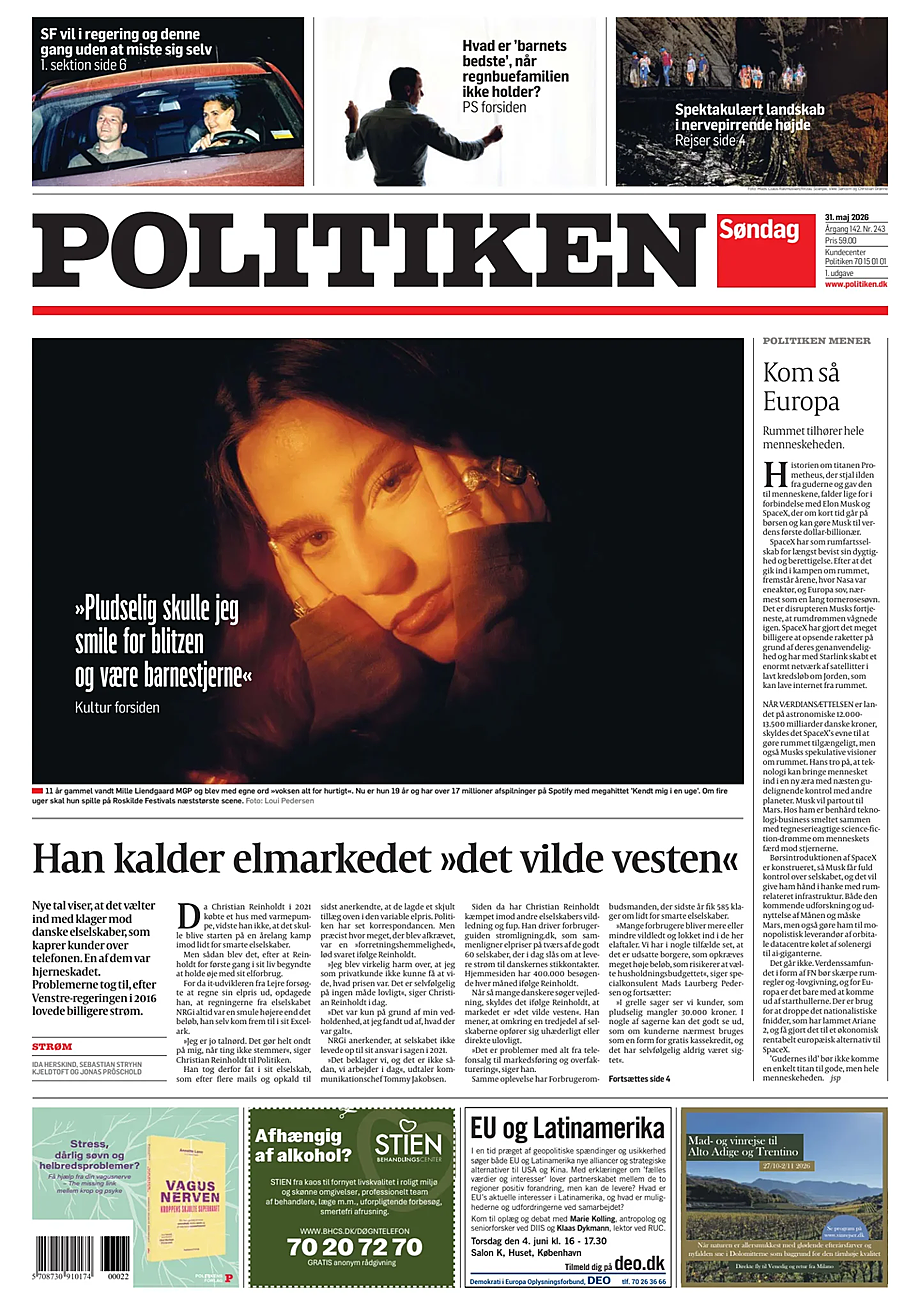 Prima pagina Politiken di oggi - Edicola 31 Maggio 2026