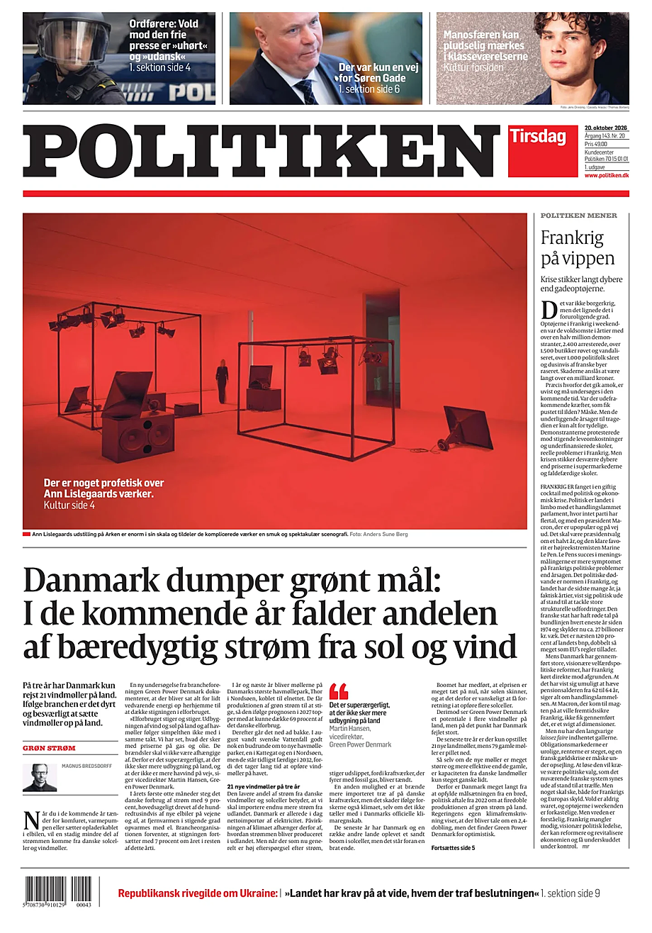 Prima pagina Politiken di oggi - Edicola 20 Ottobre 2026