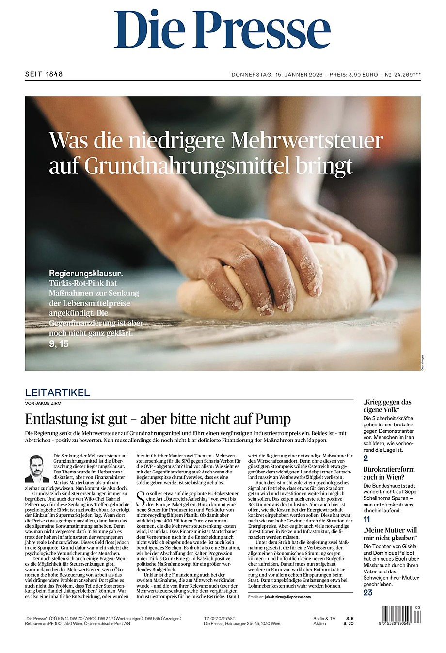 Prima pagina Die Presse di oggi - Edicola 15 Gennaio 2026