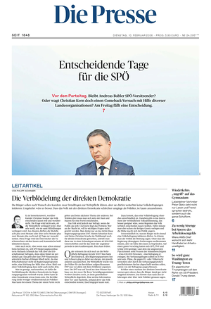 Prima pagina Die Presse di oggi - Quotidiano estero