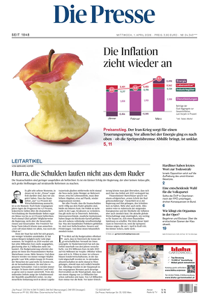 Prima pagina Die Presse di oggi - Quotidiano estero