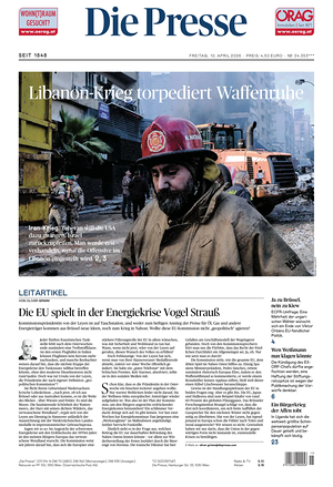 Prima pagina Die Presse di oggi - Quotidiano estero