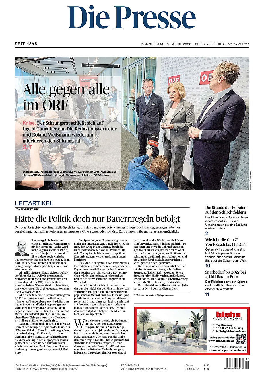 Prima pagina Die Presse di oggi - Edicola 16 Aprile 2026