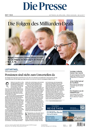 Prima pagina Die Presse di oggi - Quotidiano estero