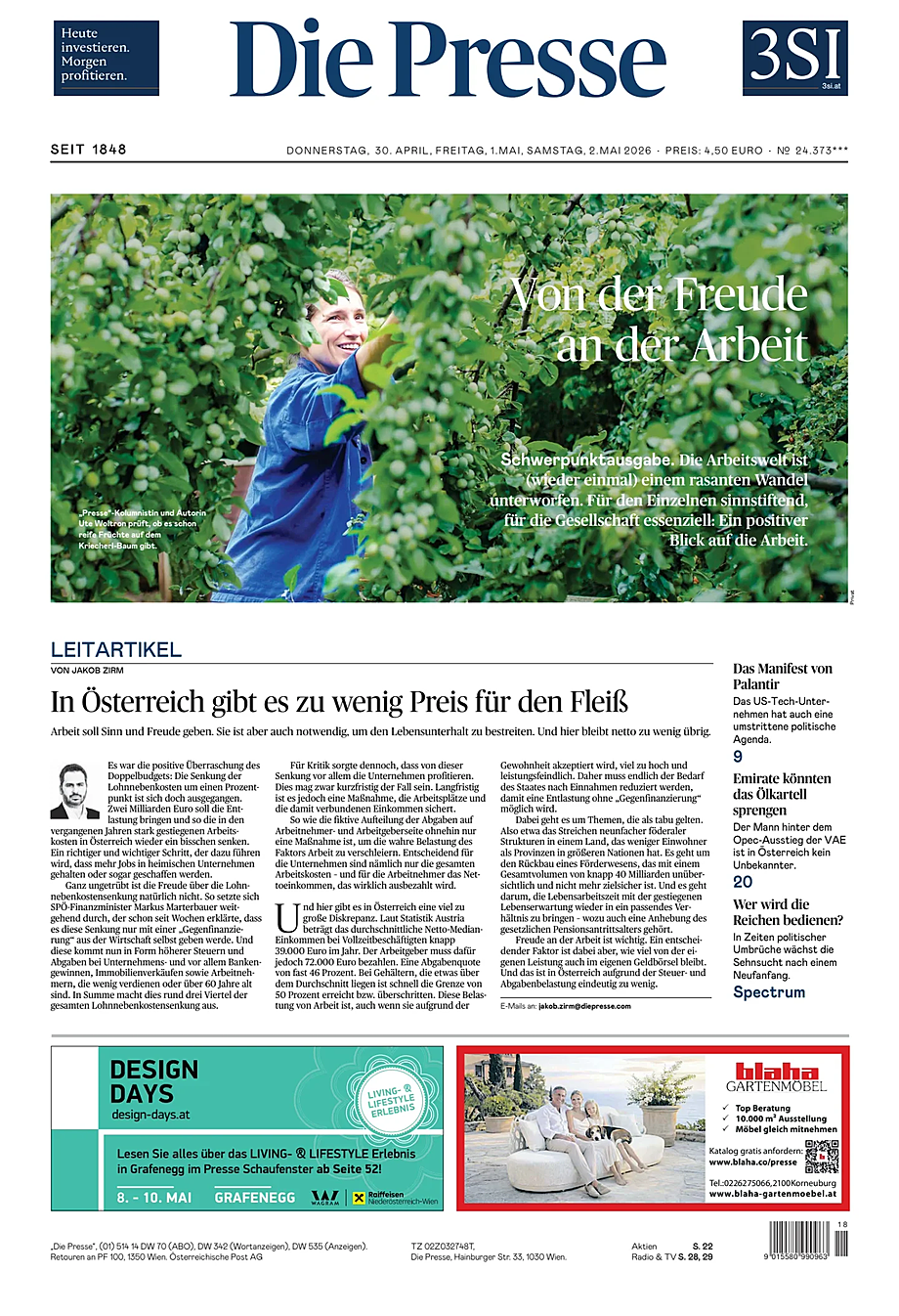 Portada Die Presse de hoy - Quiosco 30 abril 2026