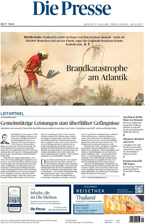 Prima pagina Die Presse di oggi - Quotidiano estero