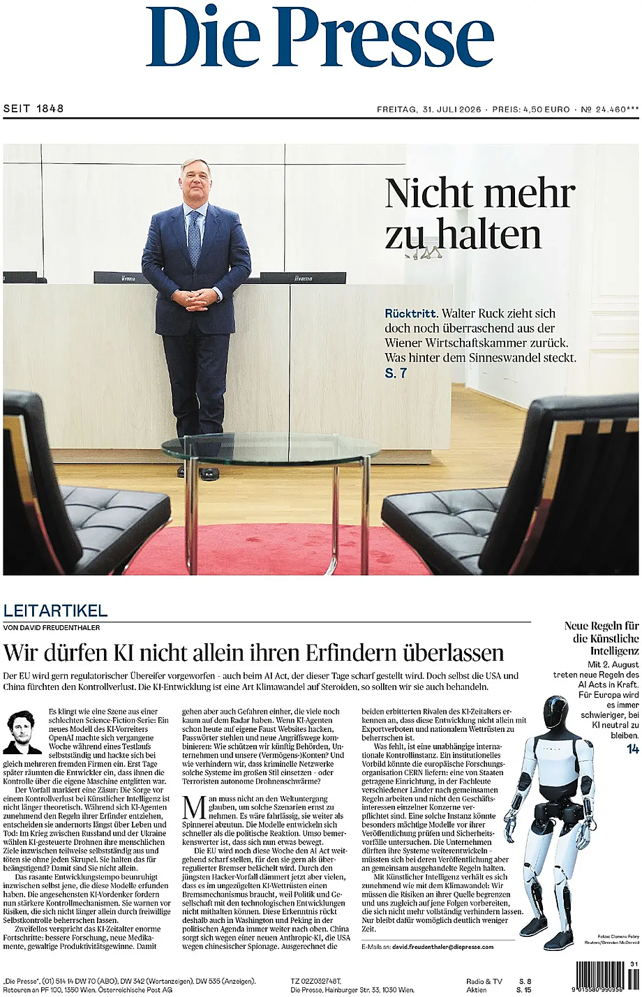 Portada Die Presse de hoy - Quiosco 31 julio 2026