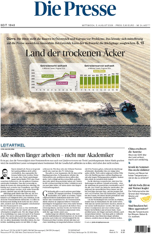 Prima pagina Die Presse di oggi - Quotidiano estero