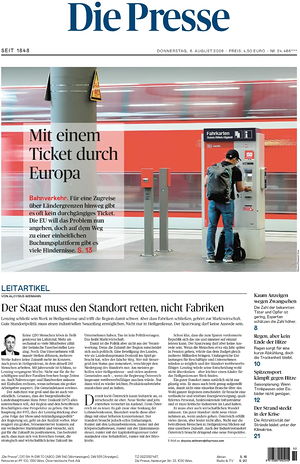 Prima pagina Die Presse di oggi - Quotidiano estero