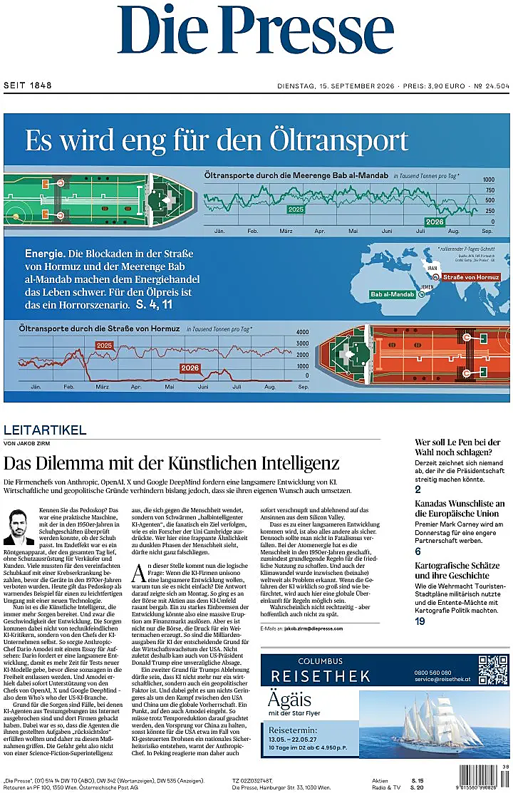 Portada Die Presse de hoy - Quiosco 15 septiembre 2026