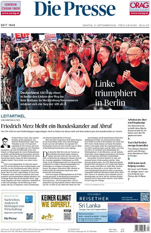 Prima pagina Die Presse di oggi - Quotidiano estero