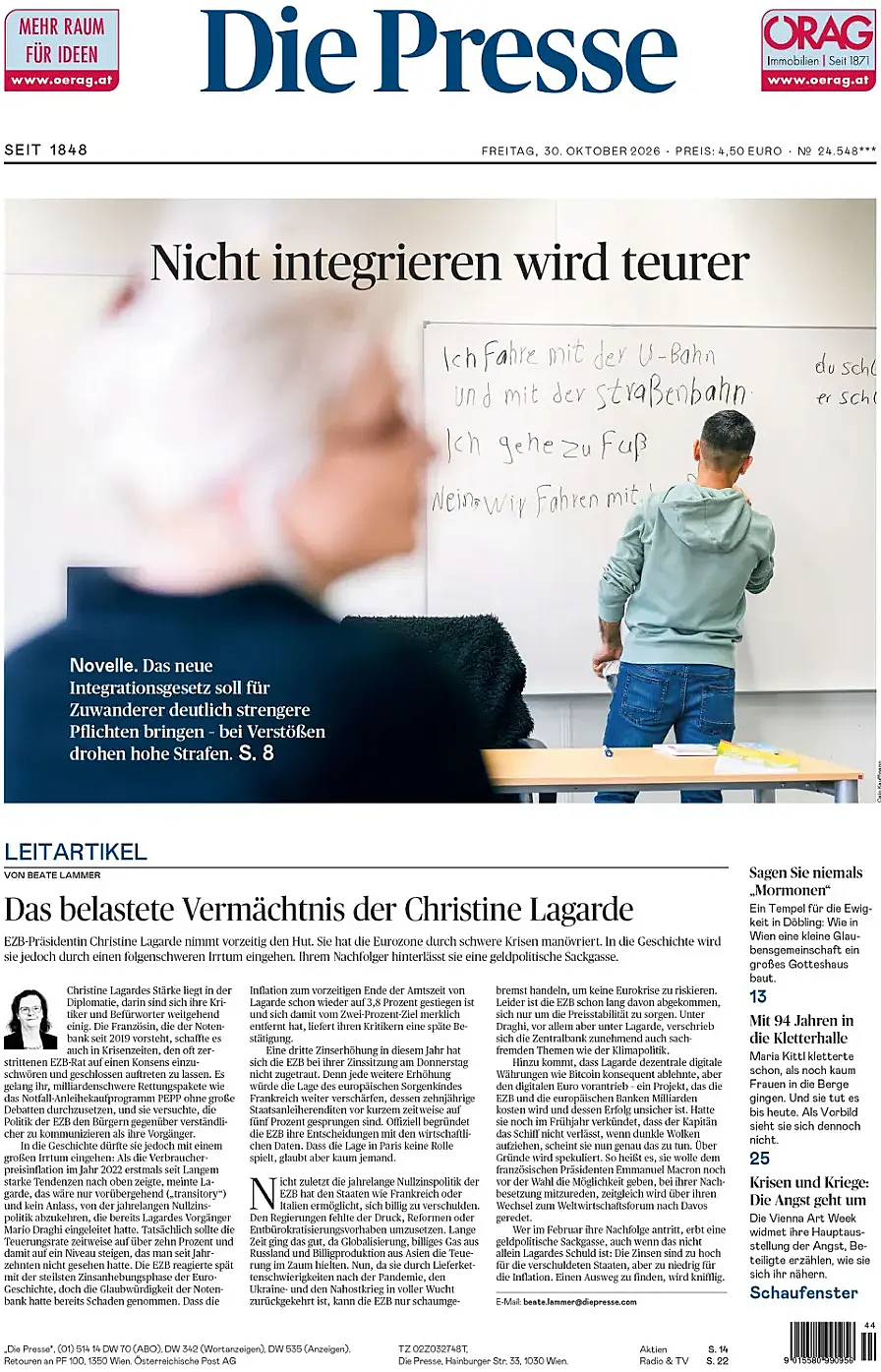 Portada Die Presse de hoy - Quiosco 30 octubre 2026