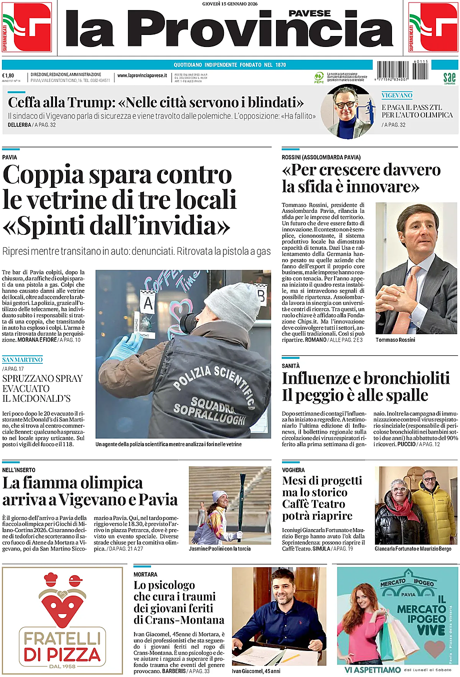 Prima pagina La Provincia Pavese di oggi - Edicola 15 Gennaio 2026