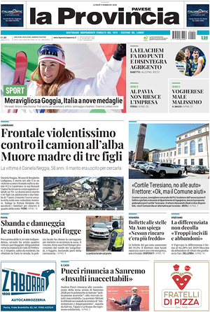 Prima pagina La Provincia Pavese di oggi - Quotidiano regionale