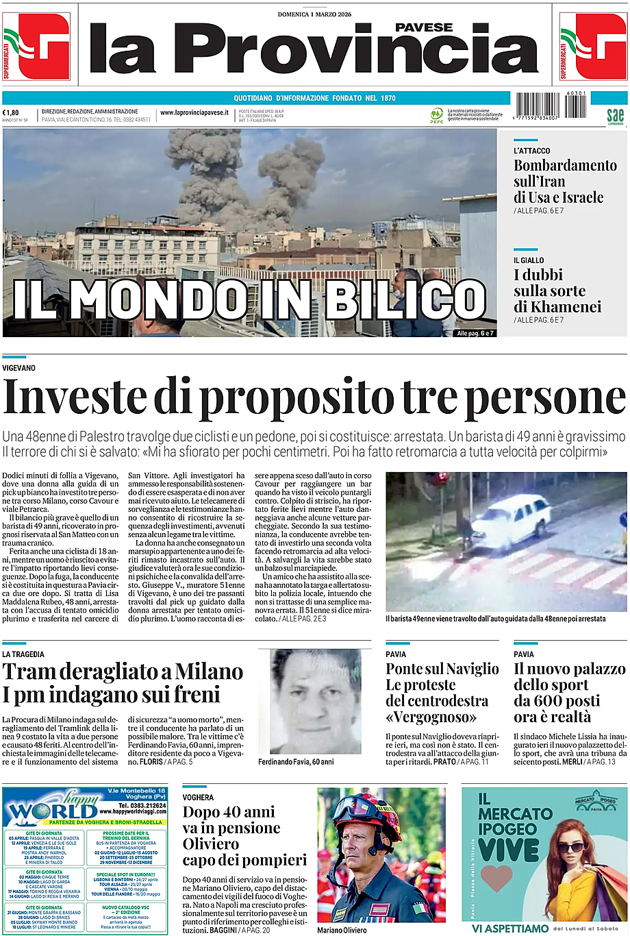 Prima pagina La Provincia Pavese di oggi - Edicola 1 Marzo 2026