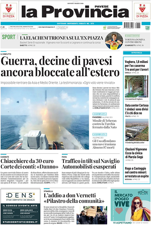 Prima pagina La Provincia Pavese di oggi - Quotidiano regionale