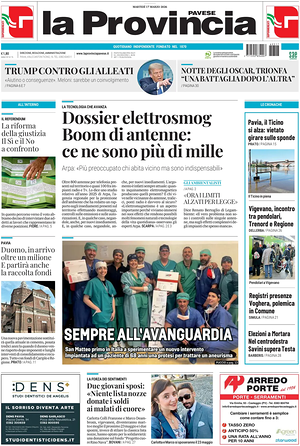 Prima pagina La Provincia Pavese di oggi - Quotidiano regionale