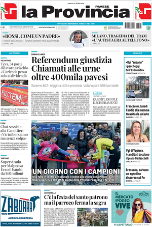 Prima pagina La Provincia Pavese di oggi - Quotidiano regionale