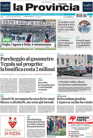 Prima pagina La Provincia Pavese di oggi - Quotidiano regionale