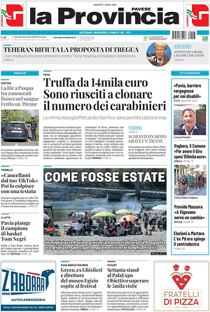 Prima pagina La Provincia Pavese di oggi - Quotidiano regionale